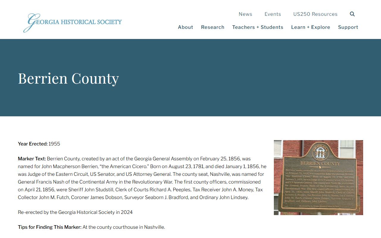 Berrien County court records Georgia Historical Society marker