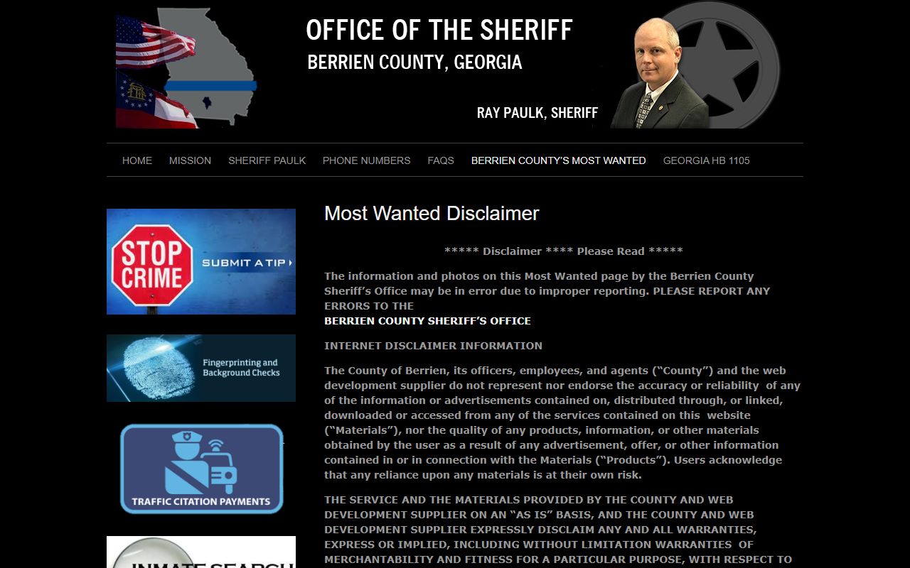 Berrien County warrant records Most Wanted disclaimer